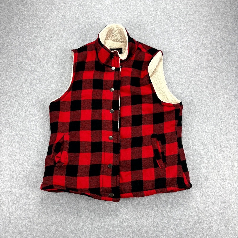 Risen Vest Womens Large Red Black Buffalo Plaid Sherpa Lined Winter Snap Button